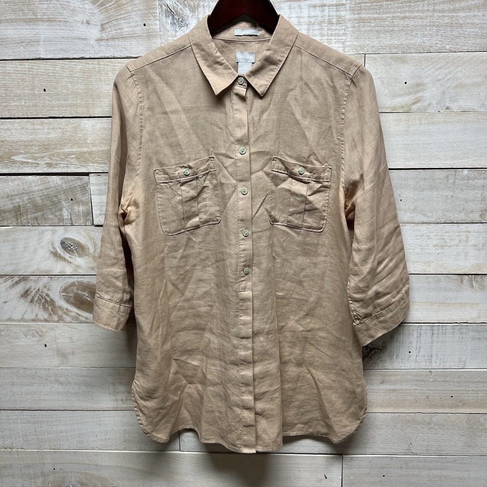 Chicos Linen No Iron Top Womens 2 US 12 Large Beige Button Up 3/4 Sleeve Resort